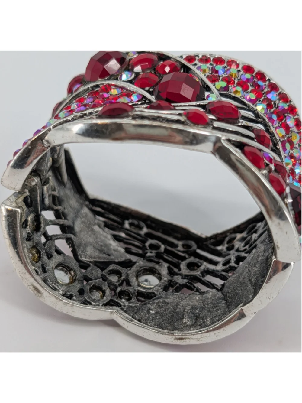 Red Rhinestone Wide Cuff Bracelet Silver Tone AB Crystal Y2K Glam Statement